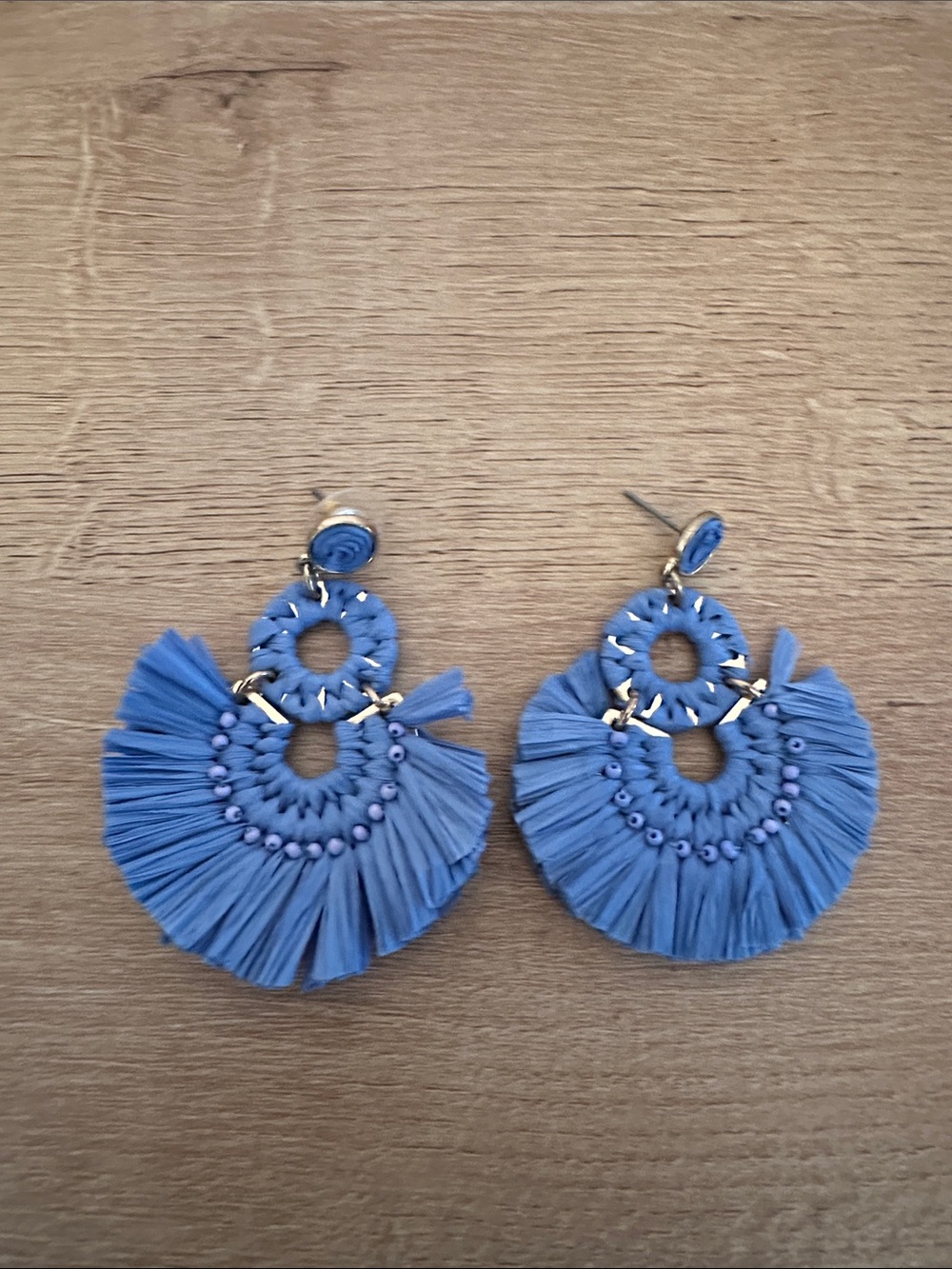 LIKE NEW J.Crew Statement Blue Raffia Tassel Hoop Earrings
